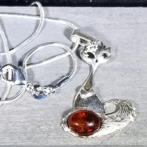 Baltic amber Siamese cat pendant and chain silver